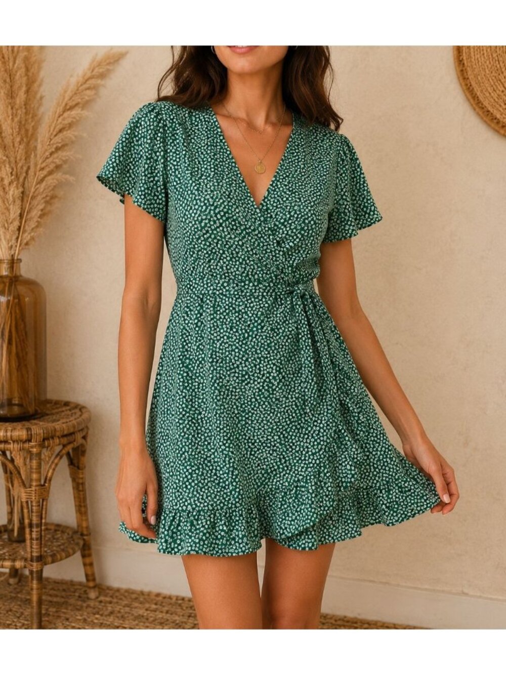 Abercrombie & Fitch Green Floral Wrap Dress Cottagecore Mini Ruffle Hem Sz M
